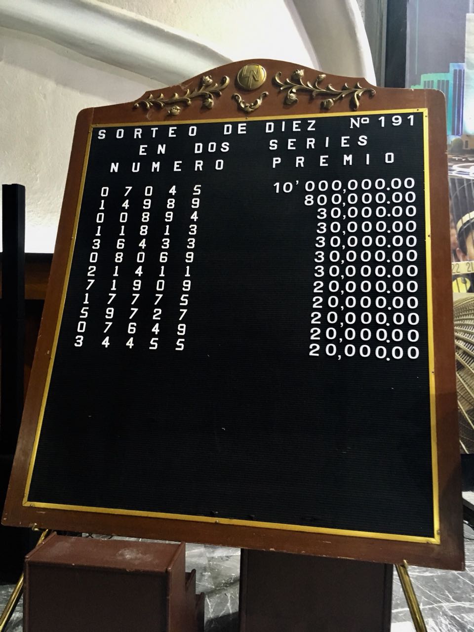 Fotografía del tablero de resultados del Sorteo de diez No. 191.