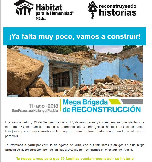 Invitación para reconstruir viviendas que fueron afectadas por los sismos del 7 y 9 de septiembre en el estado de Puebla