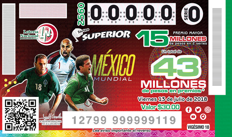Imagen del billete del Sorteo Superior No. 2560 alusivo a las Leyendas del futbol mexicano