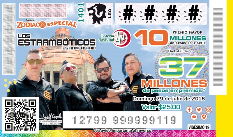 Imagen del billete de Lotería conmemorativo al 25° Aniversario de Los Estrambóticos.
