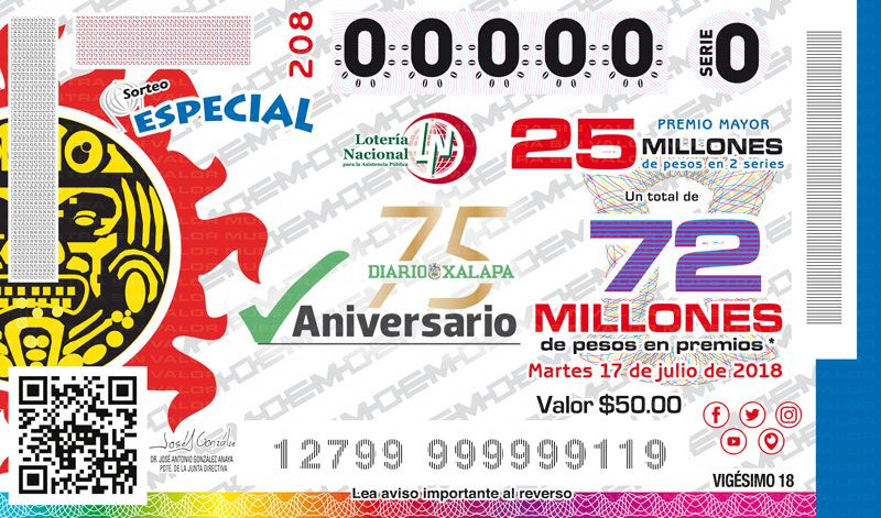 Imagen del billete de Lotería conmemorativo al Sorteo Especial No. 208 alusivo al 75 Aniversario del Diario de Xalapa