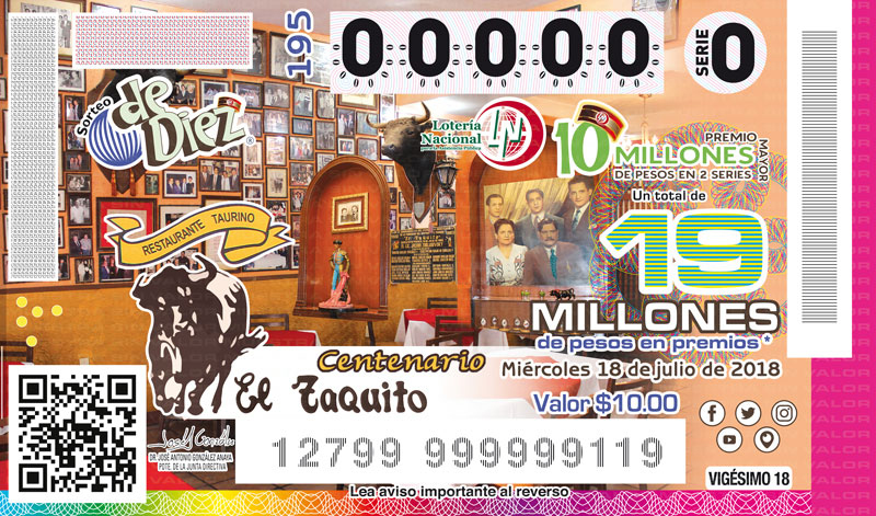  Imagen del billete de Lotería conmemorativo al Sorteo de Diez No. 195 alusivo al Centenario del Restaurante Taurino “El Taquito”