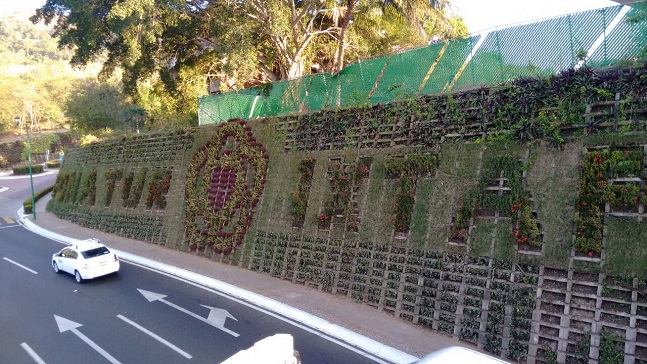 Muro de tierra armada ubicado sobre el Boulevard Paseo Ixtapa y el acceso al desarrollo Contramar a este muro se le incrustaron especies vegetales para formar el emblema institucional, el nombre de FONATUR y de Ixtapa.