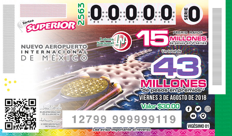 Imagen del billete de Lotería conmemorativo al Sorteo Superior No. 2563 alusivo al Nuevo Aeropuerto Internacional de la Ciudad de México.