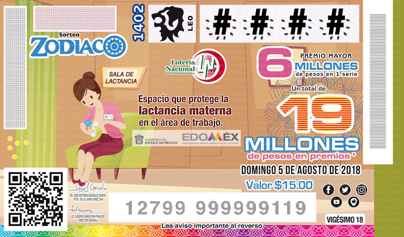 Imagen del billete de Lotería conmemorativo al Sorteo Zodiaco No. 1402 alusivo a la Semana Mundial de Lactancia Materna.