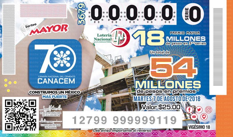  Imagen del billete de Lotería conmemorativo al Sorteo Mayor No. 3679 alusivo al 70° Aniversario de la Cámara Nacional del Cemento (CANACEM).