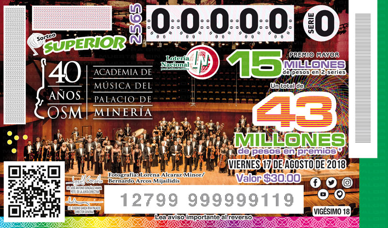 Imagen del billete de Lotería conmemorativo al Sorteo Superior No. 2565 alusivo al 40° Aniversario de la Orquesta Sinfónica del Palacio de Minería.   