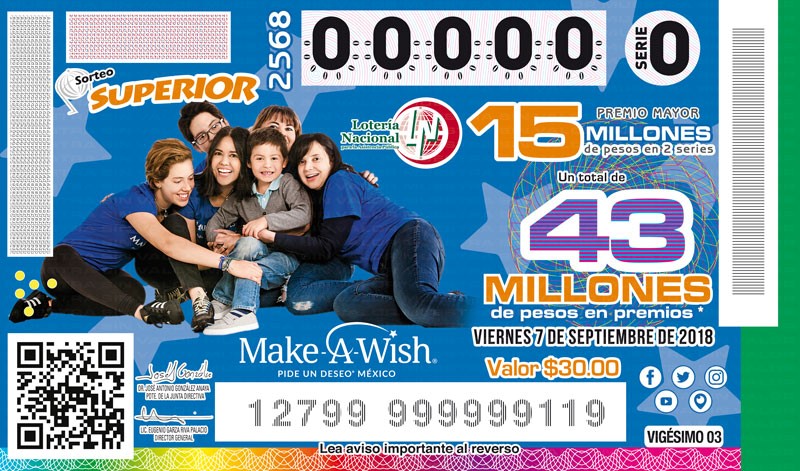 Imagen del billete de Lotería conmemorativo al Sorteo Superior No. 2568 alusivo a la Fundación Make A Wish.