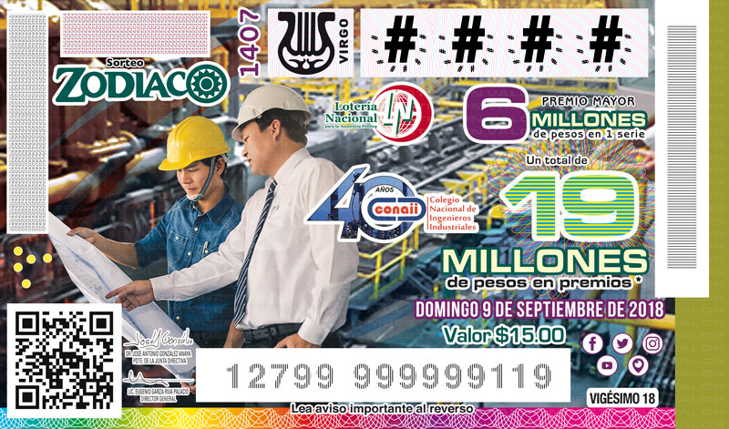  Imagen del billete de Lotería conmemorativo al Sorteo Zodiaco No. 1407 alusivo al 40° Aniversario del Colegio Nacional de Ingenieros Industriales.