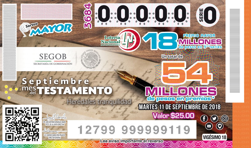  Imagen del billete de Lotería conmemorativo al Sorteo Mayor No. 3684 alusivo a la campaña Septiembre Mes del testamento.