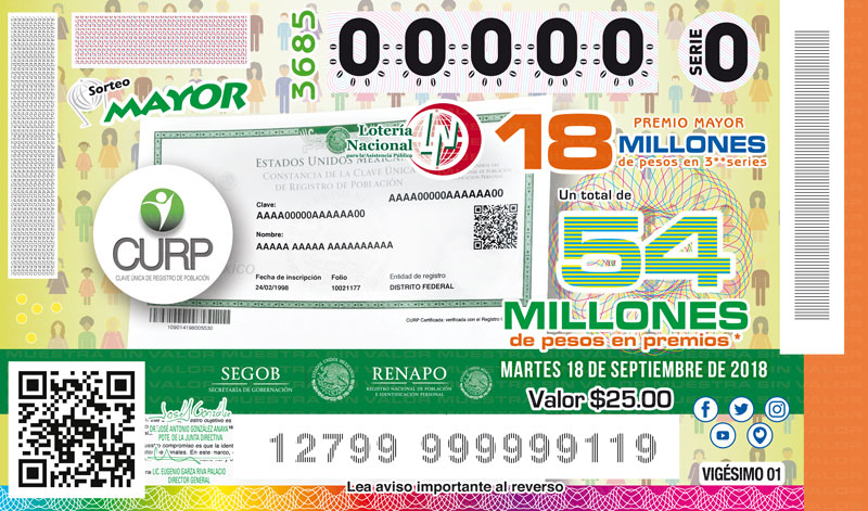 Imagen del billete de Lotería conmemorativo al Sorteo Mayor No. 3685 alusivo al 38° Aniversario del Registro Nacional de Población e Identificación Personal.