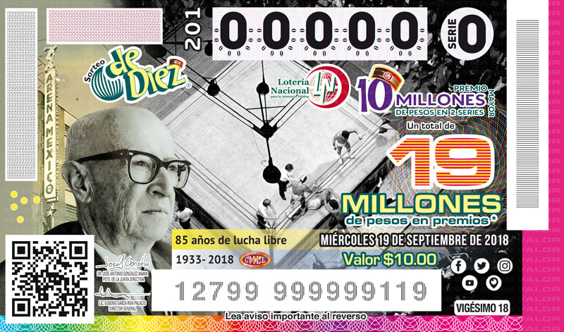 Imagen del billete de Lotería conmemorativo al Sorteo de Diez No. 201 alusivo al 85° Aniversario del Consejo Mundial de Lucha Libre.