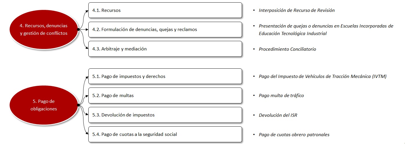 Imagen que muestra los tipos de categoría para Recursos, denuncias y gestión de conflictos y Pago de obligaciones 