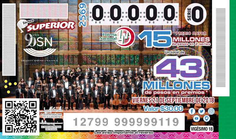 Imagen del billete de Lotería conmemorativo al Sorteo de Superior No. 2569 alusivo al 90° Aniversario de la Orquesta Sinfónica Nacional.  