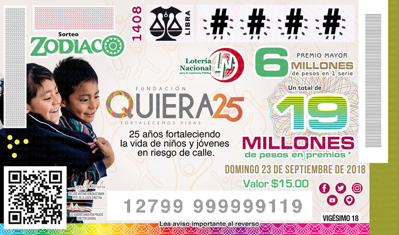 Imagen del billete de Lotería conmemorativo al Sorteo Zodiaco No. 1408 alusivo al 25° Aniversario de la Fundación Quiera.