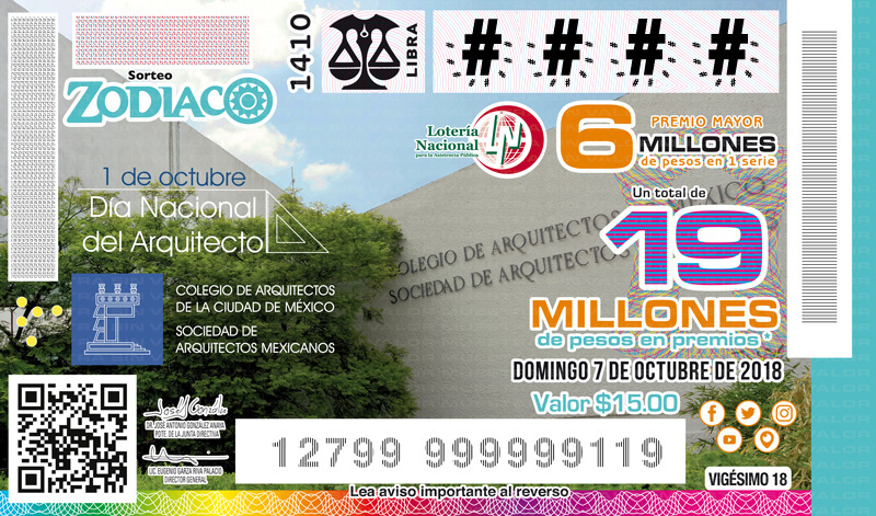  Imagen del billete de Lotería conmemorativo al Sorteo Zodiaco No. 1410 alusivo al Día Nacional del Arquitecto.