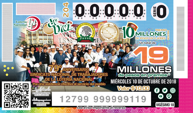 Imagen del billete de Lotería conmemorativo al Sorteo de Diez No. 204 alusivo al 79° Aniversario del Sindicato Nacional de Trabajadores de la Lotería Nacional