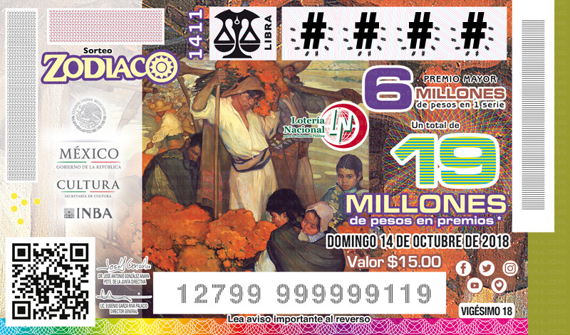 Imagen del billete de Lotería conmemorativo al Sorteo Zodiaco No. 1411 alusivo al 100° Aniversario luctuoso del pintor mexicano Saturnino Herrán