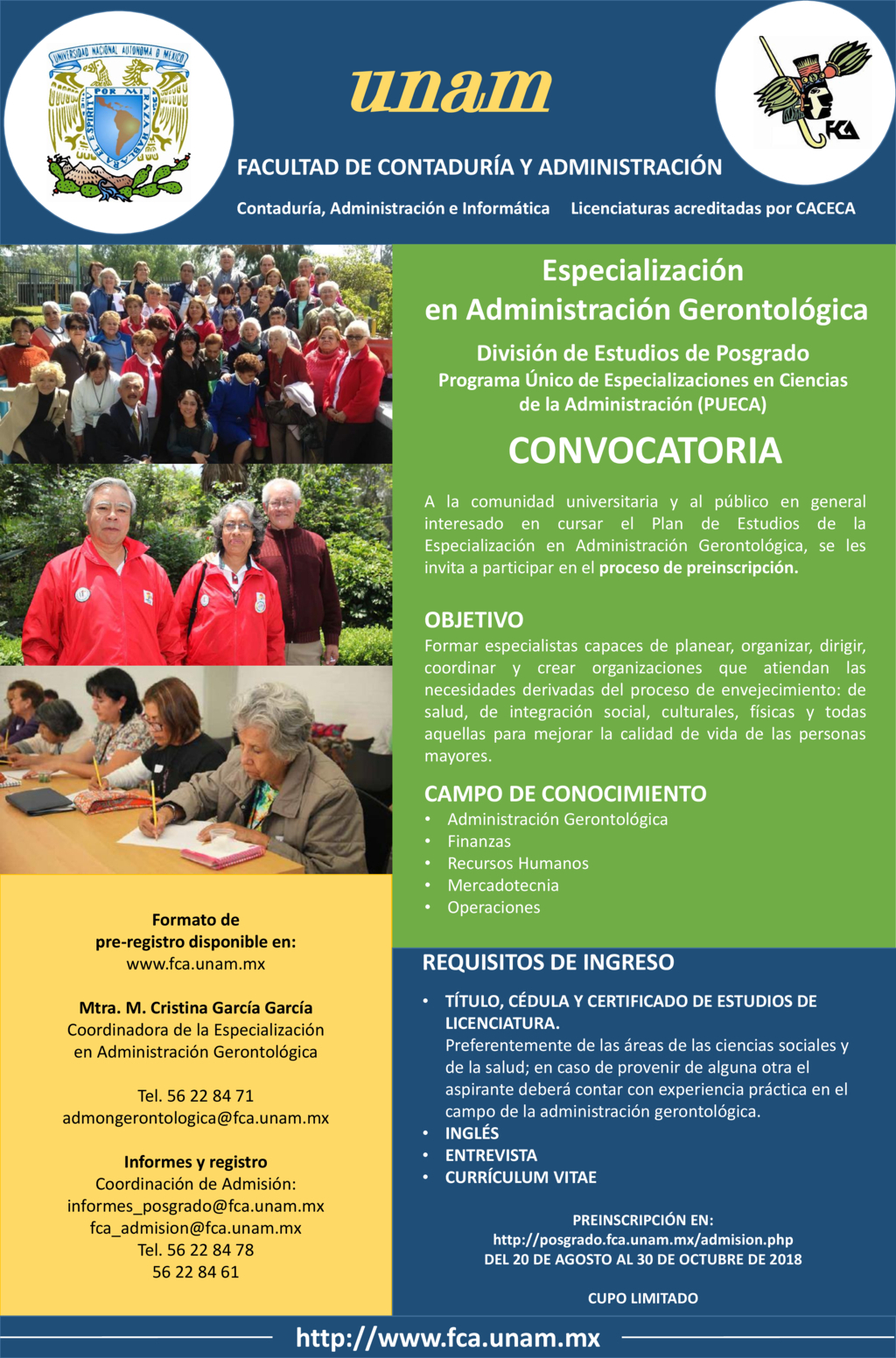 Convocatoria para estudiar en la UNAM la especialización en Administración Gerontológica