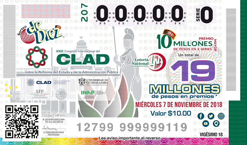 Imagen del billete de Lotería conmemorativo al Sorteo de Diez No. 207 alusivo a la 23° edición del Congreso Internacional del Centro Latinoamericano de Administración para el Desarrollo (CLAD), sobre la Reforma del Estado y de la Administración Pública.