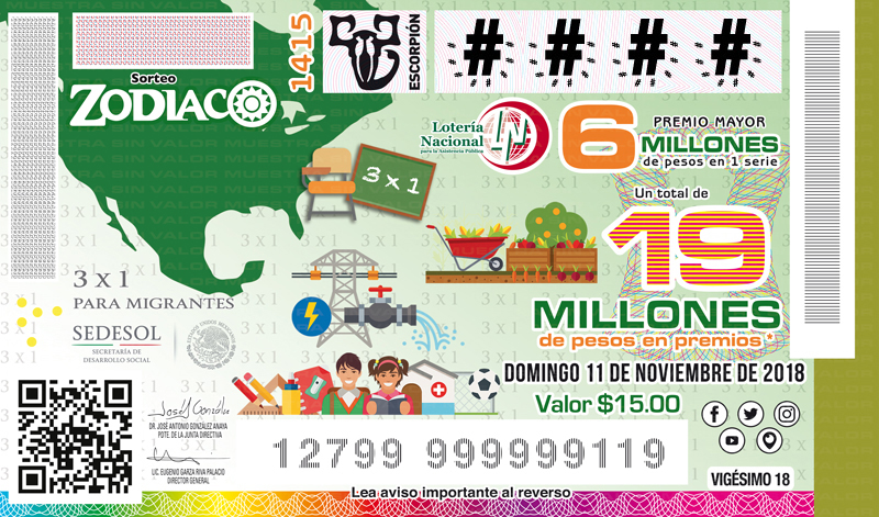 Imagen del billete de Lotería conmemorativo al Sorteo Zodiaco No. 1415 alusivo al Programa 3x1 para Migrantes.