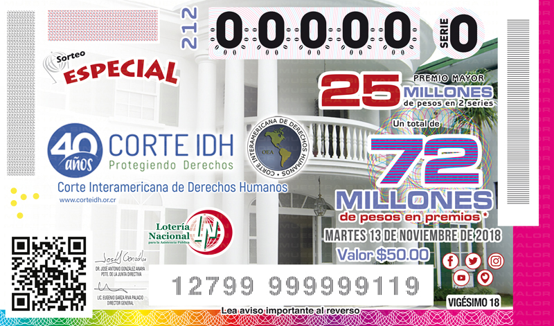 Imagen del billete de Lotería conmemorativo al Sorteo Especial No. 212 alusivo al 40° Aniversario de la Corte Interamericana de Derechos Humanos.