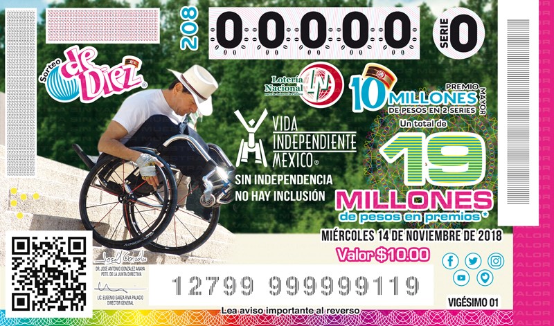 Imagen del billete de Lotería conmemorativo al Sorteo de Diez No. 208 alusivo al 18° Aniversario de Vida Independiente México.