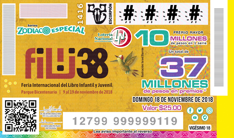  Imagen del billete de Lotería conmemorativo al Sorteo Zodiaco Especial No. 1416 alusivo a la edición 38° de la Feria Internacional del Libro Infantil y Juvenil (FILIJ).