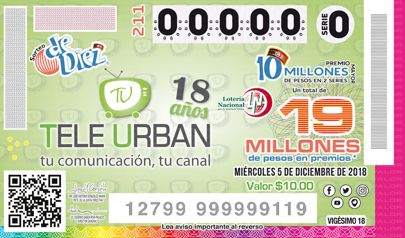 Imagen del billete de Lotería conmemorativo al Sorteo de Diez No. 211 alusivo al 18° Aniversario de TELE URBAN. 