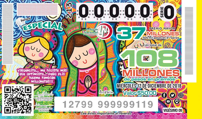  Imagen del billete de Lotería conmemorativo al Sorteo Especial No. 213 alusivo a la Virgen de Guadalupe.