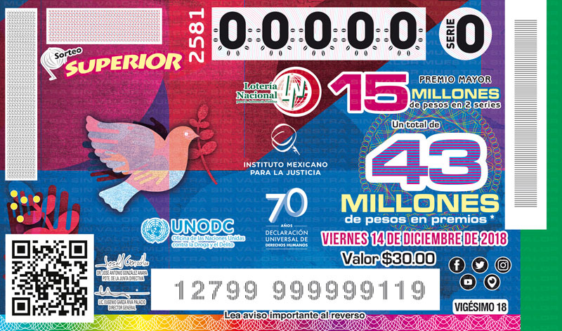 Imagen del billete de Lotería conmemorativo al Sorteo Superior No. 2581 alusivo al 70° Aniversario de la Declaración Universal de Derechos Humanos.