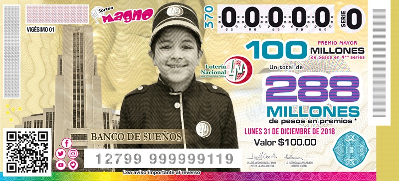 Imagen del billete de Lotería conmemorativo al Sorteo Magno No. 370 alusivo al Fin de Año