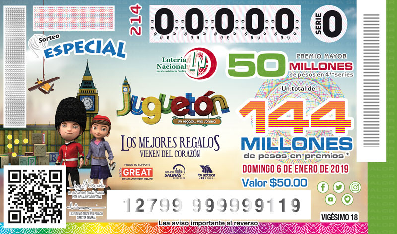  Imagen del billete de Lotería conmemorativo al Sorteo Especial No. 214 alusivo a la 24ª Edición del Juguetón Azteca “Un regalo…una sonrisa”.