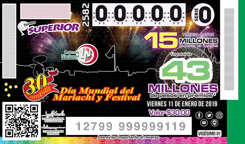  Imagen del billete de Lotería conmemorativo al Sorteo Superior No. 2582 alusivo al Día Mundial del Mariachi.