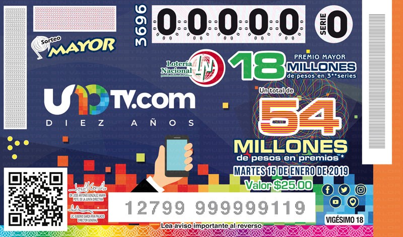 Imagen del billete de Lotería conmemorativo al Sorteo Mayor No. 3696 alusivo al 10° Aniversario de UNOTV