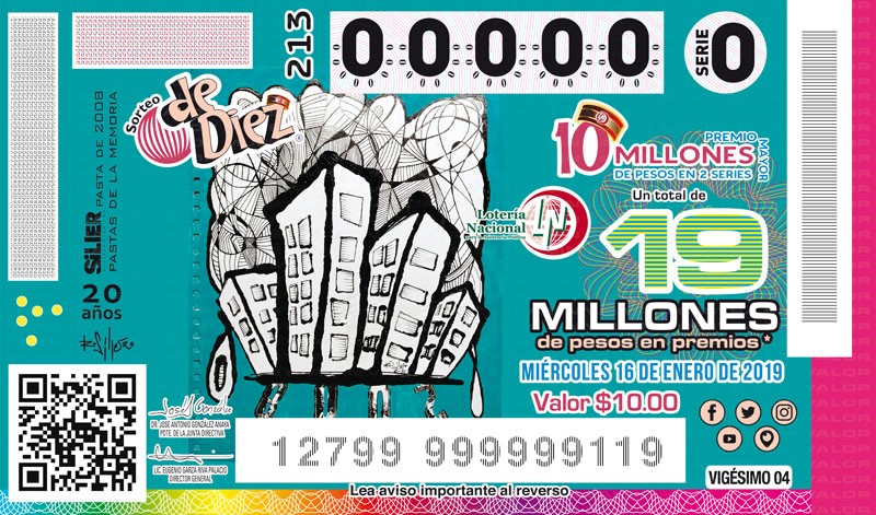 Imagen del billete de Lotería conmemorativo al Sorteo de Diez No. 213 alusivo al 20° Aniversario de Rodrigo Siller.
