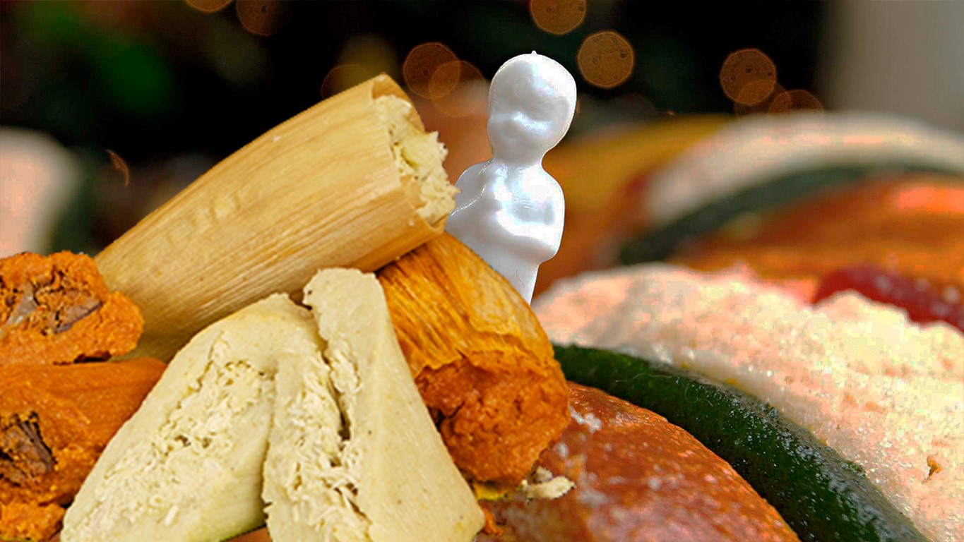 Tamales y el Niño Dios de la Rosca de Reyes.