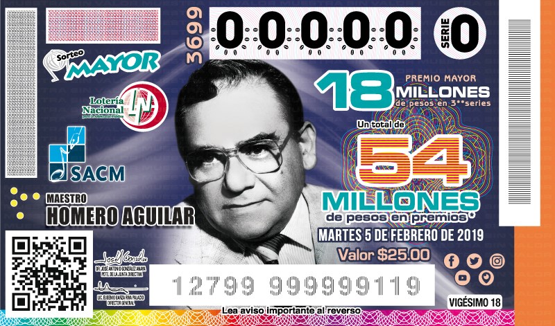 Imagen del billete de Lotería conmemorativo al Sorteo Mayor No. 3699 alusivo a la trayectoria del compositor Homero Aguilar.
