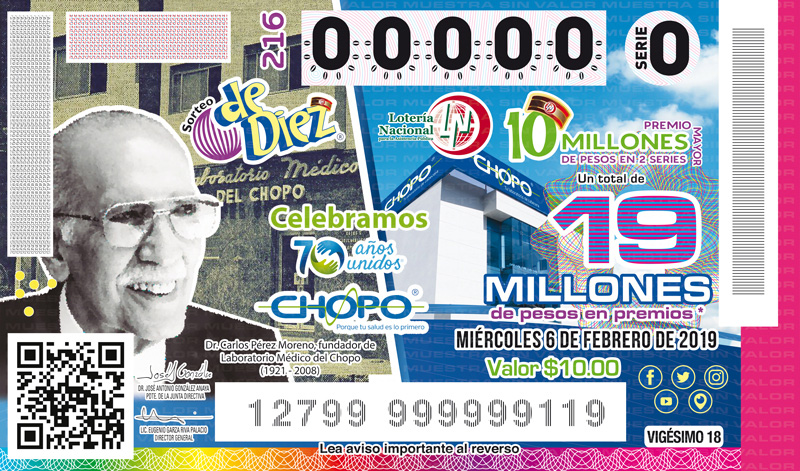 Imagen del billete de Lotería conmemorativo al Sorteo de Diez No. 216 alusivo al 70° Aniversario de Laboratorio Médico del Chopo.