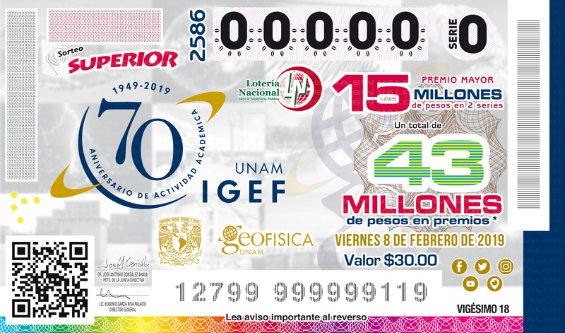 Imagen del billete de Lotería conmemorativo al Sorteo Superior No. 2586 alusivo al 70° Aniversario del Instituto de Geofísica de la UNAM.