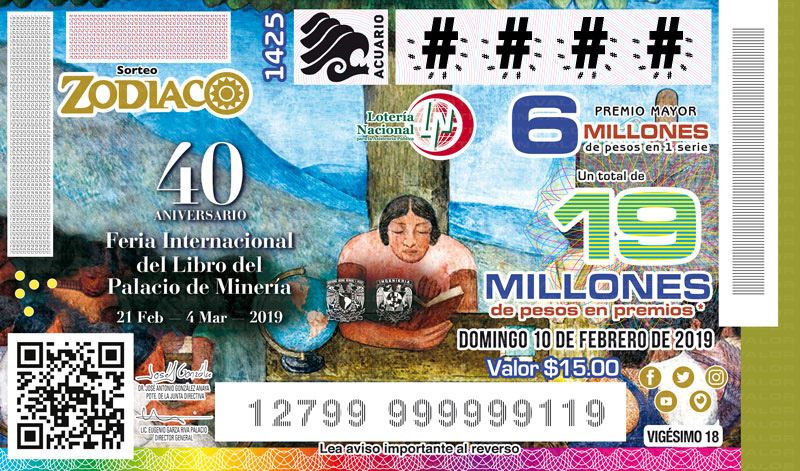 Imagen del billete de Lotería conmemorativo al Sorteo Zodiaco No. 1425 alusivo al 40° Aniversario de la Feria Internacional del Libro del palacio de Minería.