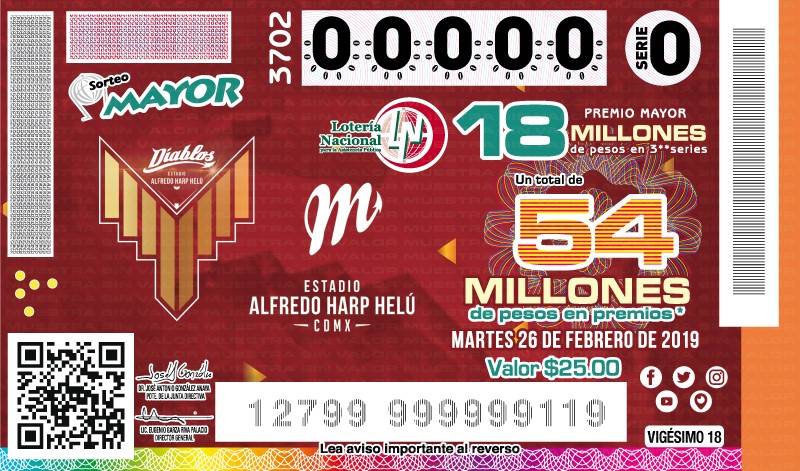 Imagen del billete de Lotería conmemorativo al Sorteo Mayor No. 3702 alusivo a la inauguración del Estadio “Alfredo Harp Helú”.