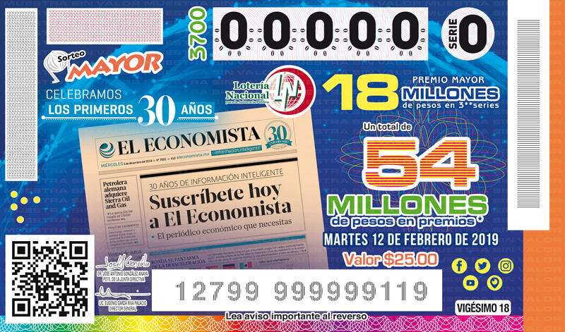 Imagen del billete de Lotería conmemorativo al Sorteo Mayor No. 3700 alusivo al 30° Aniversario del periódico El Economista.