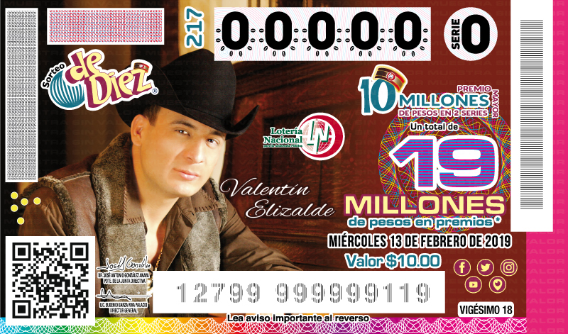  Imagen del billete de Lotería conmemorativo al Sorteo de Diez No. 217 alusivo a la Trayectoria de Valentín Elizalde.
