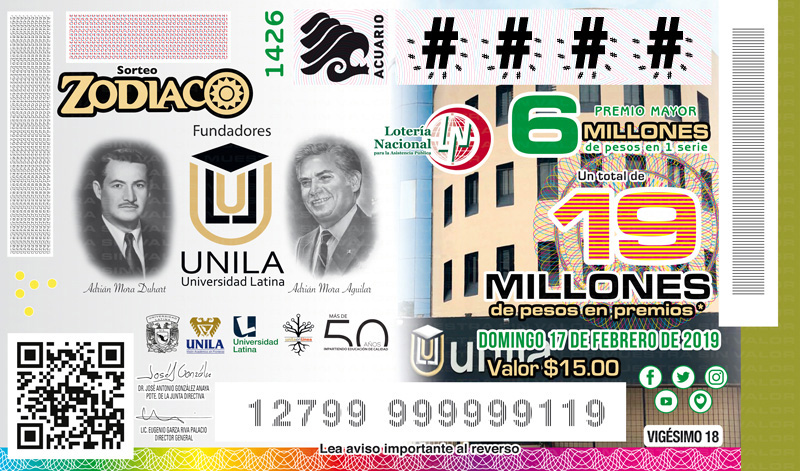 Imagen del billete de Lotería conmemorativo al Sorteo Zodiaco No. 1426 alusivo al 52° Aniversario de la Universidad Latina.