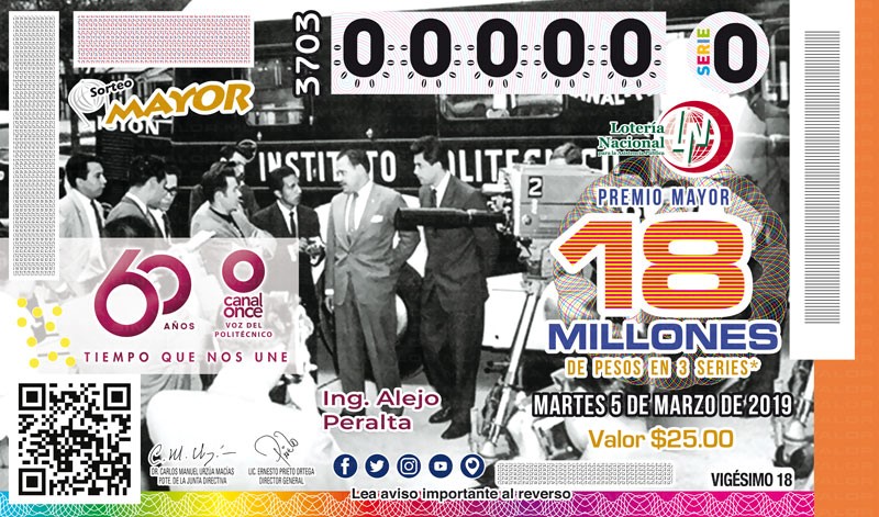 Imagen del billete de Lotería conmemorativo al Sorteo Mayor No. 3703 alusivo al 60° Aniversario de Canal Once.