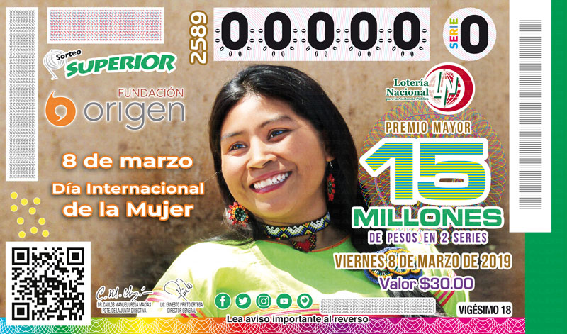 Imagen del billete de Lotería conmemorativo al Sorteo Superior No. 2589 alusivo a la conmemoración del Día Internacional de la Mujer.