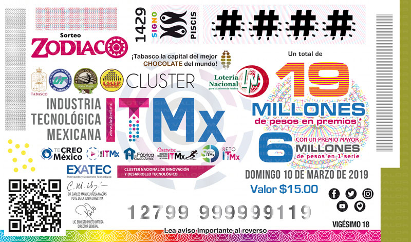 Imagen del billete de Lotería conmemorativo al Sorteo Zodiaco No. 1429 alusivo a la Industria Tecnológica Mexicana CLUSTER ITMx.
