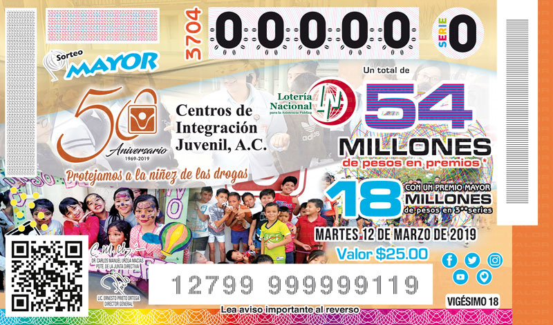  Imagen del billete de Lotería conmemorativo al Sorteo Mayor No. 3704 alusivo al 50° Aniversario de Centros de Integración Juvenil.