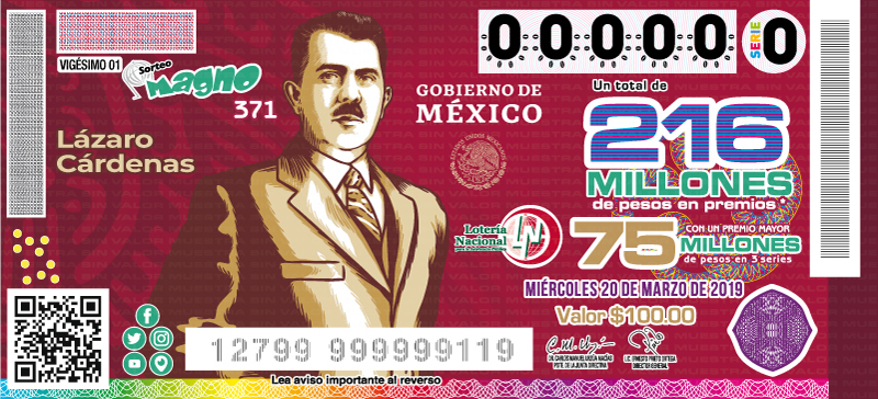 Imagen del billete de Lotería conmemorativo al Sorteo Magno No. 371 alusivo a Lázaro Cárdenas.